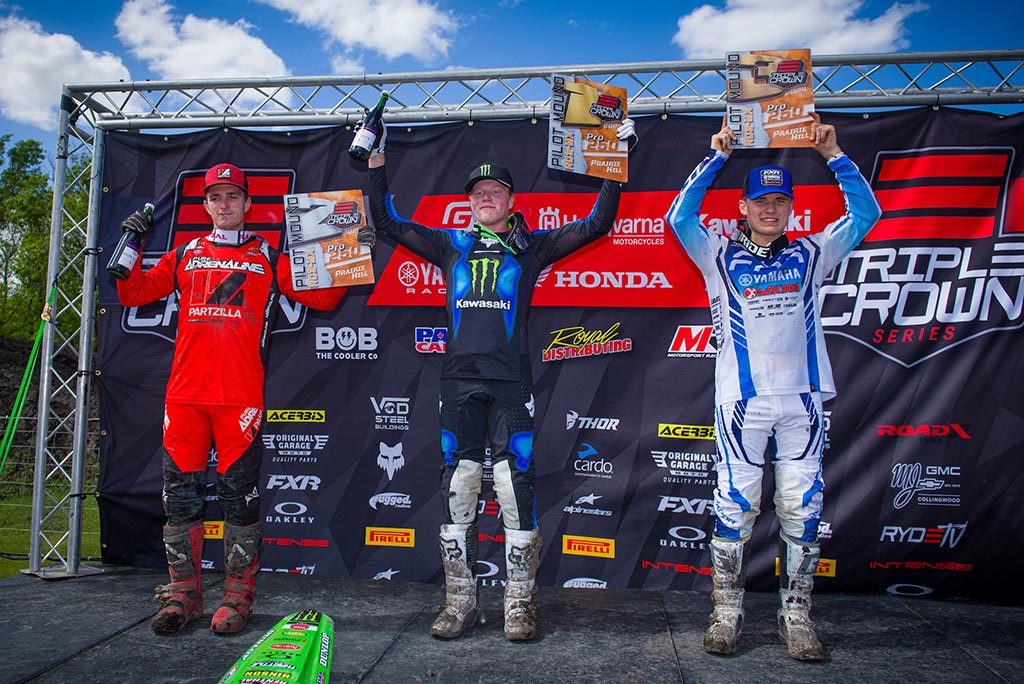 The 250 Pro podium. Left to right: Gage Linville (2-3), Drew Adams (1-1), Sebastien Racine (4-2).