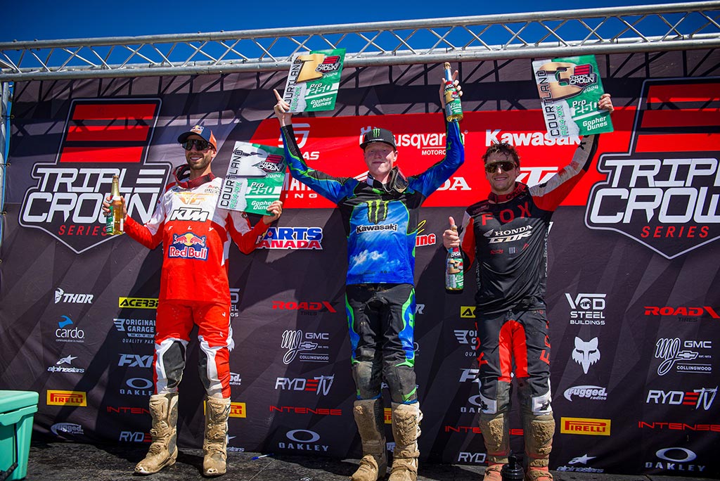 The 250 Pro podium. Left to right: Kaven Benoit (2-2), Drew Adams (1-1), Tyler Medaglia (5-3).