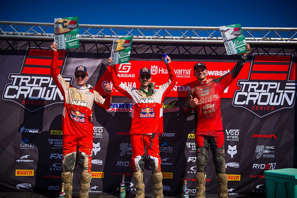 The 450 Pro podium. Left to right: Jess Pettis (10-1), Josiah Natzke (1-3), Tristan Lane (2-5).